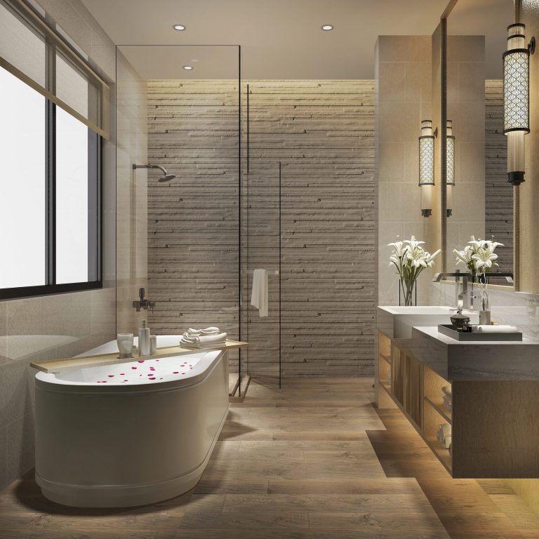 Image 3D d'une salle de bains avec douche et baignoire