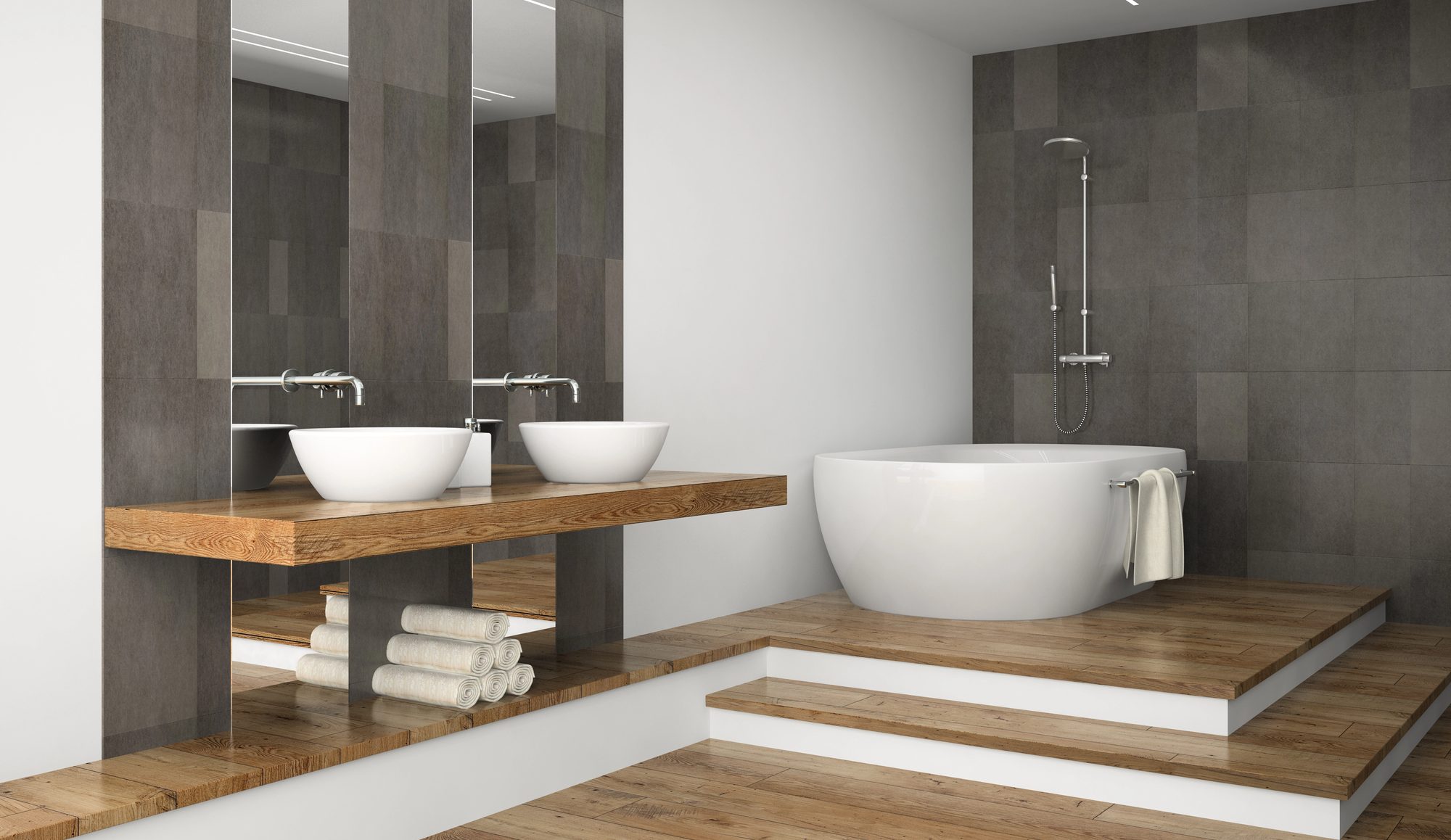 Baignoire ilot sur estrade avec sol bois