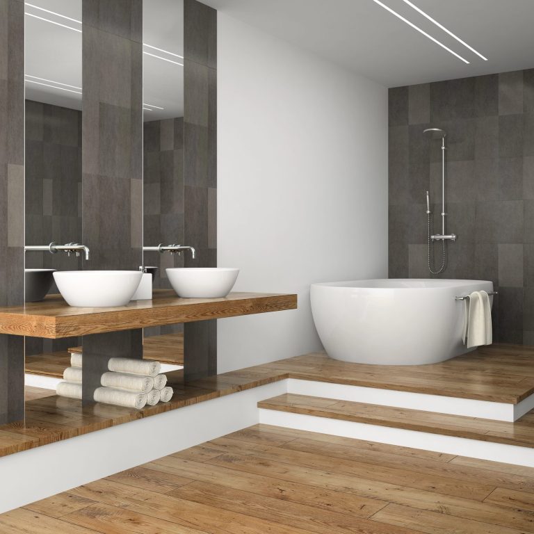 Salle de bains luxueuse avec baignoire îlot centrale